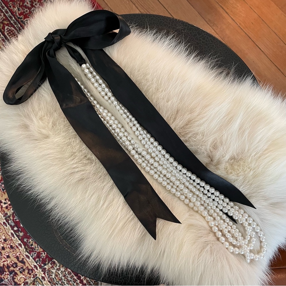Faux Pearl and Black Ribbon Belt - Picture 1 of 4